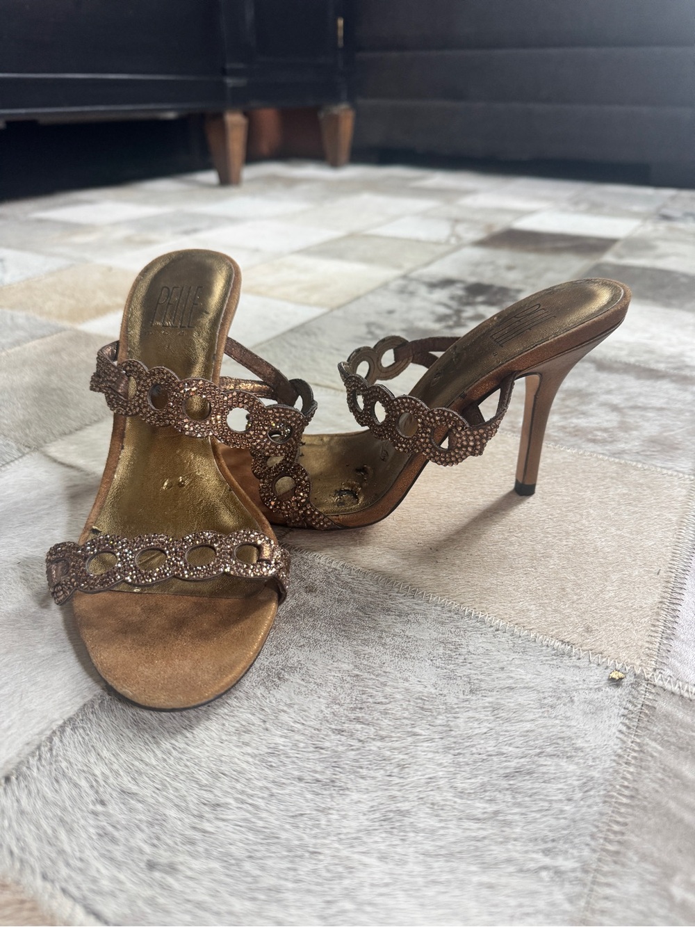 Pelle Moda Bronze Crystal-Trim Heeled Mules